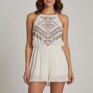 Embroidered Aztec White  Crepe Gypsy Sleeveless Romper Playsuit b15